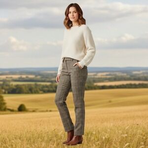 Talbots High Waist Women's Straight Pants Size 12 Inseam 32" Check Brown Office